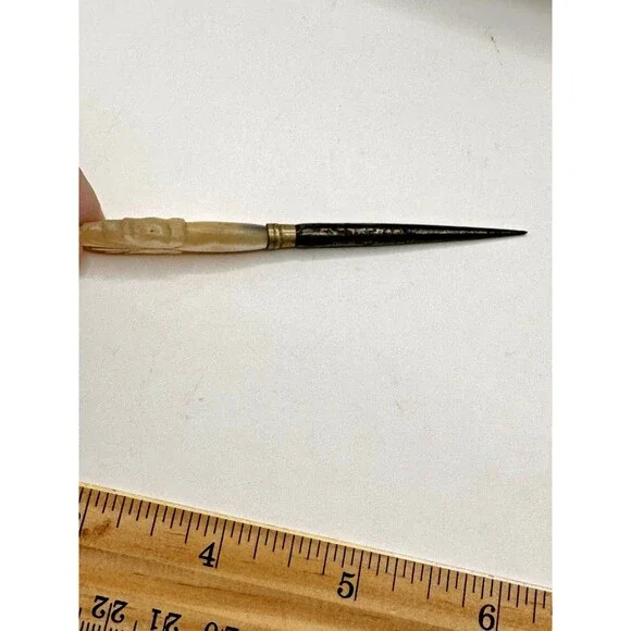 Antique Old 1800s Carved MOP Handled Vanity Tool Piece Hat Pin Stiletto